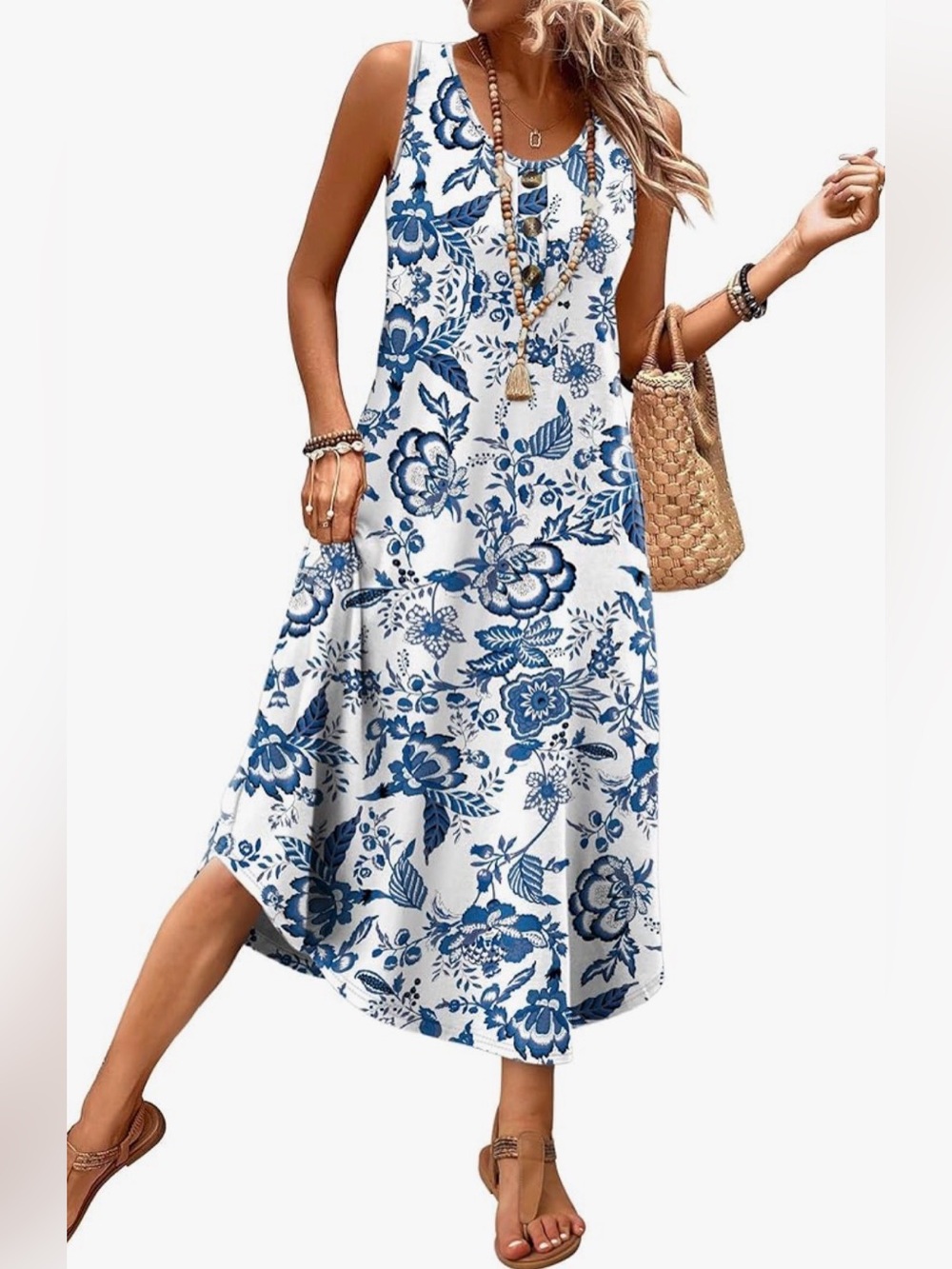 NWT blue and white floral print sundress with pockets, size medium